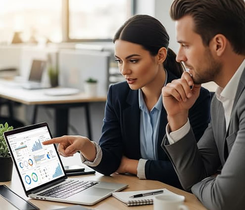 Dois profissionais analisando gráficos de crescimento empresarial em uma reunião estratégica